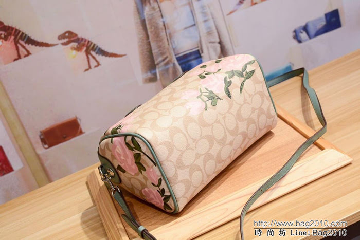 COACH蔻馳 新款 C家 25870 波士頓枕頭包 絲印玫瑰花  Chz1093